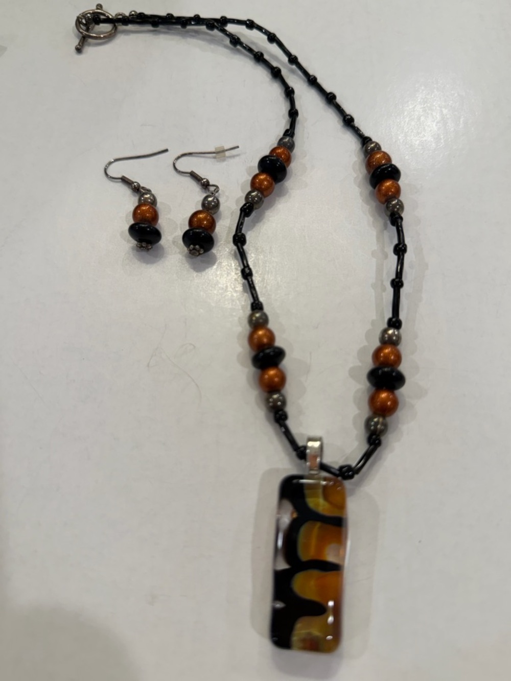 Handmade Brown and Black Glass Pendant Necklace with Matching Earrings